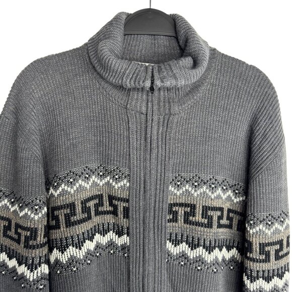 Vintage London Fog Men's XL Grey Geometric Fair Isle Zip-Up Sweater with Pockets - Picture 3 of 8
